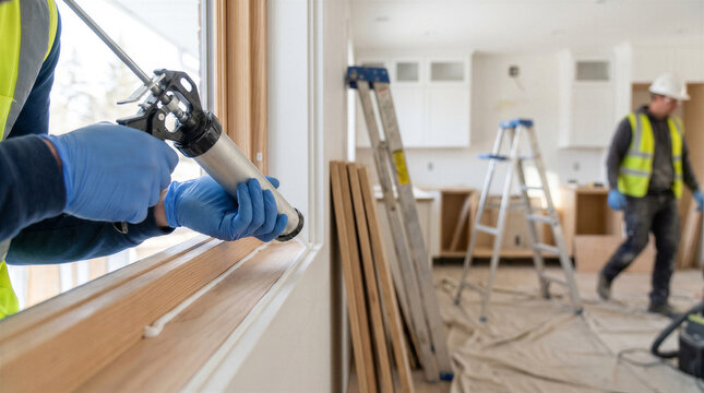Professional construction worker applying silicone sealant to a window frame in a house under renovation