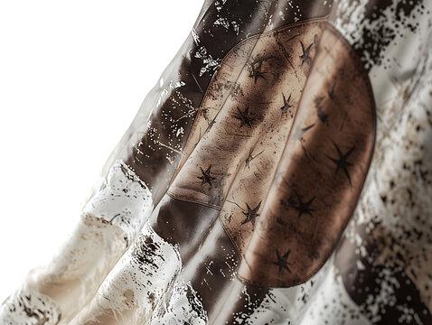 Abstract grunge texture of a worn, weathered flag design blended with vintage soccer football elements, artistic distressed fabric backdrop with star motifs, sophisticated sepia and neutral tones, hig