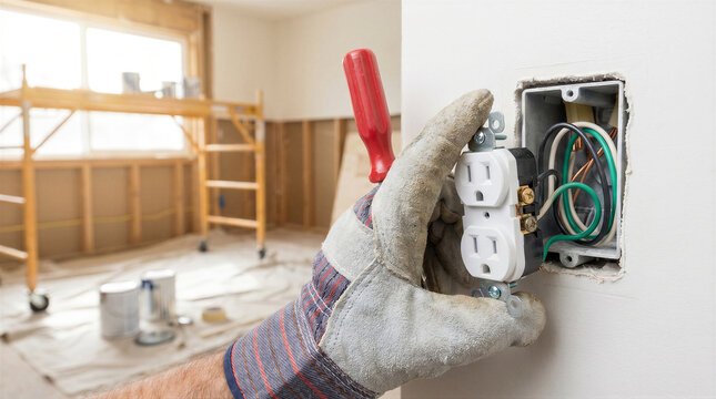 Electrician installing a new electrical outlet in a wall during a home renovation project