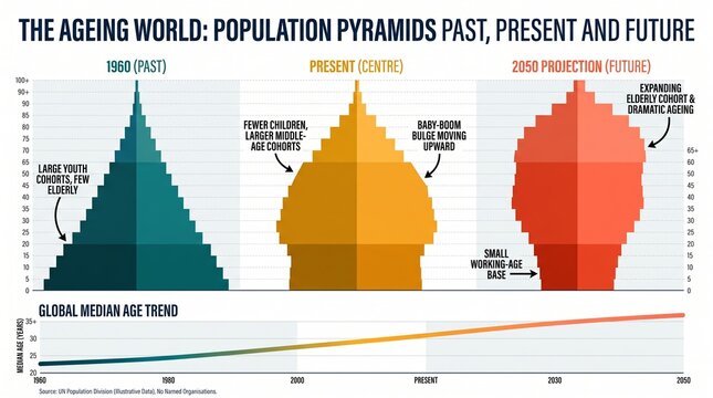 Ageing world: population pyramids past, present and 2050 projections