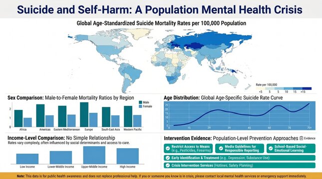 Suicide and self-harm: global mortality rates and population mental health