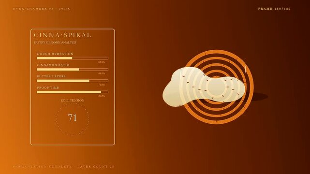 Spiced autumn baking analysis shown on digital display interface with oscillating cinnamon dough spiral layers changing stats while heat levels remain constant in this warm orange ambient oven