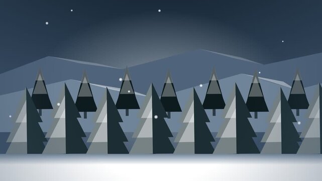 Minimalist Flat Design Winter Forest Landscape with Falling Snow Animation.