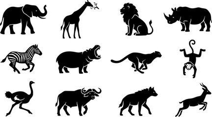 Obraz premium Safari Animals Silhouette Icons – Animal Glyph Icon Vector Set