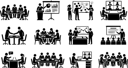 Obraz premium Business Meeting Silhouette Icons – Corporate Glyph Icon Vector Set