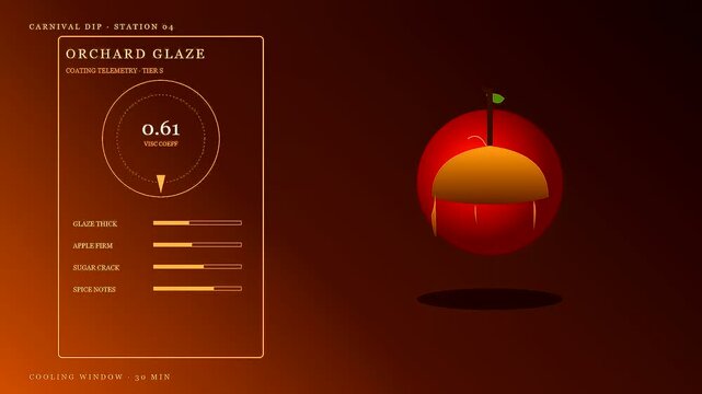Spiced autumn baking visuals featuring an apple dripping with amber glaze displayed beside a digital interface showing ingredient statistics and metric data points for preparation