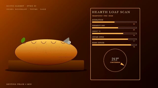 Spiced autumn baking analysis shown through a bread loaf display monitor featuring progress bars and temperature gauges for artisan oven monitoring during digital recipe development
