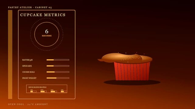 Spiced autumn baking interface displays rising cupcake metrics with detailed nutritional data bars and changing numerical statistics shown across a dark brown kitchen environment mood board
