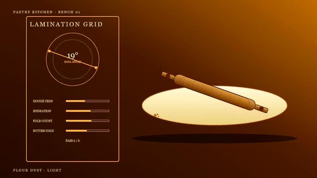 Spiced autumn baking displayed on a digital lamination grid interface showing rolling pin dough measurements and professional pastry kitchen bench settings for culinary preparation of dough