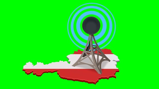 Austrian telecommunication network, mobile connectivity or 5G coverage concept. Animated antenna on Austria map. Chroma key green screen with alpha channel. (loopable)