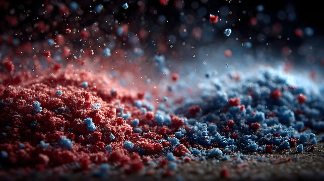 Red and blue powder exploding and scattering in a dark environment with bokeh