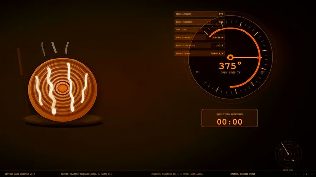 Spiced autumn baking cycle represented by a digital interface displaying rising temperatures and time progression during the process of cooking a layered circular pastry dessert item