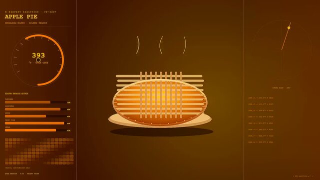 A digital spiced autumn baking interface displays pie preparation metrics with thermal temperature monitoring and progress indicators on a warm glowing golden brown ambient screen display