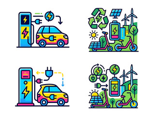Naklejka premium Colorful cartoon cars with green recycling symbols.