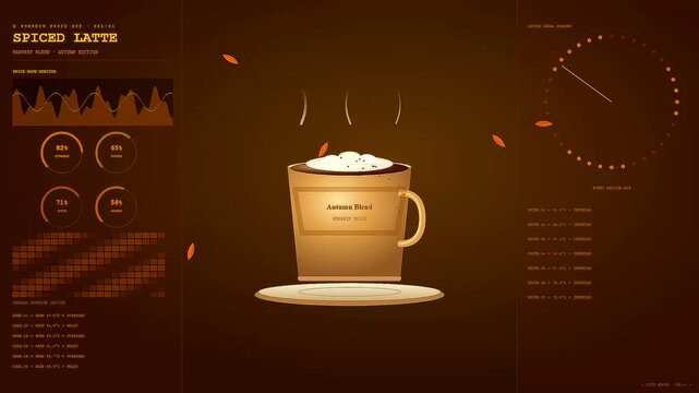 Spiced autumn baking elements displayed in a digital interface frame with animated coffee cup steam rising slowly through warm sepia brown amber ambient light levels