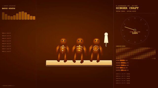 Spiced autumn baking visualized through a digital interface showing cookie decoration status progress bars and automated gingerbread manufacturing cycles in a warm amber hued production sequence