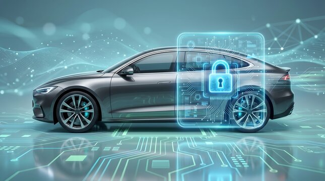 Modern Electric Car with Digital Padlock and Circuit Board Hologram for Cybersecurity Concept