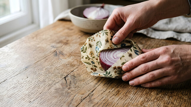 Hands wrapping red onion in sustainable reusable beeswax food wrap