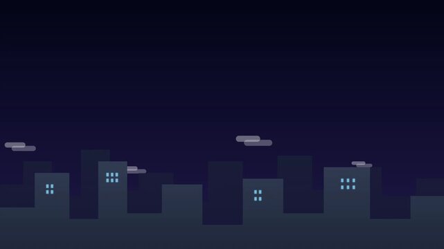modern flat cityscape silhouette with moving white clouds