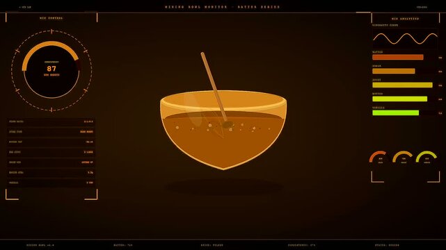 Spiced autumn baking mixture visualized through a holographic dashboard interface showing liquid batter density levels and temperature readings changing during the stirring process inside a glass bowl