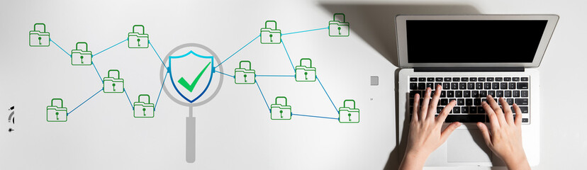 Fototapeta premium Secure Data Network with Computer, Magnifying Glass, and Lock Icons Representing Cybersecurity and Digital Protection Concepts Haptic.