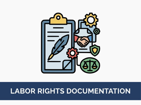 Labor rights documentation icon with legal symbols and business elements for the concept of employment law and fairness.