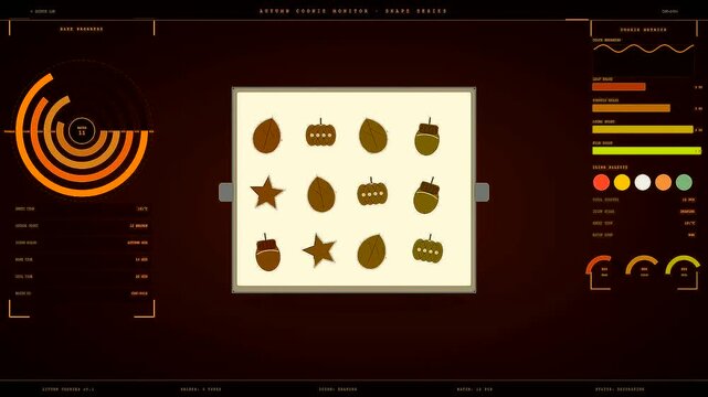 Spiced autumn baking tracking interface displaying various seasonal cookie shapes arranged on a digital tray across three consecutive procedural animated steps for a holiday culinary project