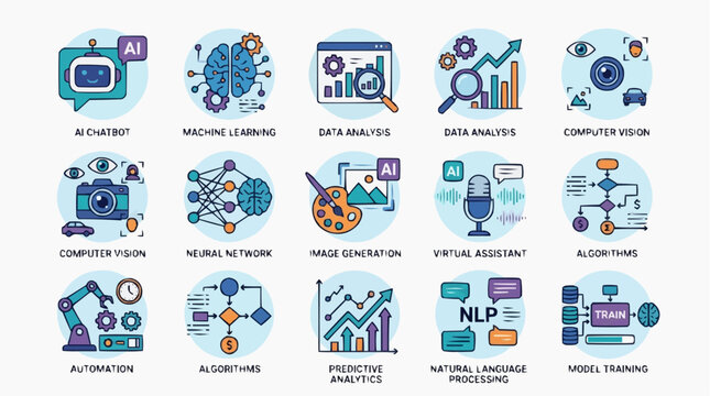 AI technology icons representing machine learning, data analysis, and neural networks for the concept of Artificial intelligence.