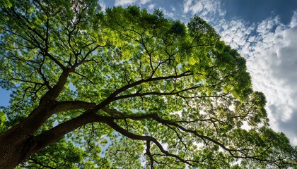 Fototapeta premium A Low Angle Shot Captures The Lush Green Foliage Of A Tree Its Leaves Spread Wide Against A Partly Cloudy Sky