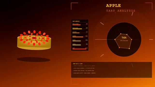 A spiced autumn baking pastry rotates slowly on a digital interface showing changing circular graphs and statistical metrics in a glowing orange atmosphere at night