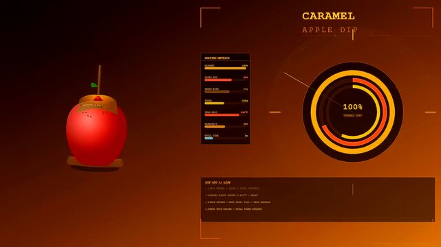 Spiced autumn baking showing an interactive digital progress animation of a red apple being coated with warm caramel layers in a modern kitchen display interface