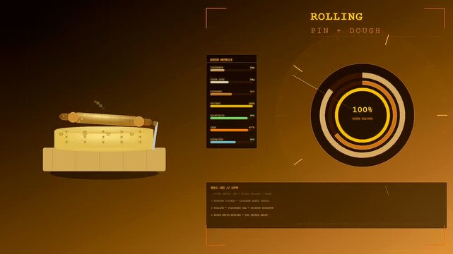 Spiced autumn baking visualized through a digital interface showing a wooden pin flattening soft golden dough across three sequential progress stages of food preparation