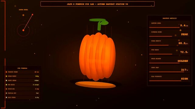 Spiced autumn baking analysis shown through a digital interface displaying fruit density metrics and preparation stats in an orange glowing dark laboratory environment setting