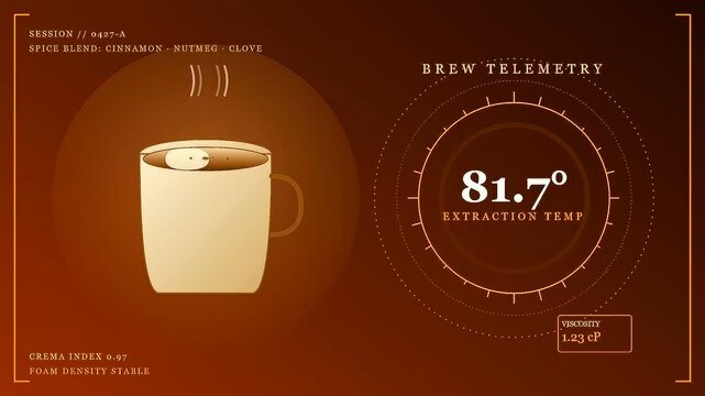 Displaying spiced autumn baking data in a series of animated digital interfaces showing warm brown tones with liquid temperature levels and steam rising from mugs