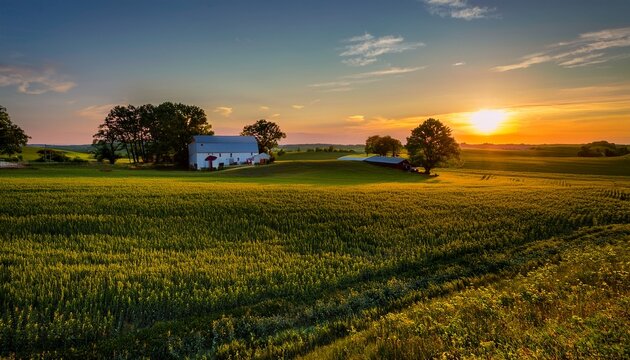Farm And Fields And Trees At Sunset In Northeastern Iowa During The Late Spring