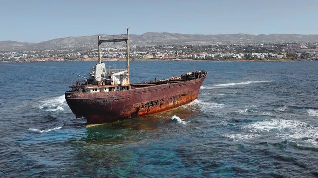 The forgotten Edro III cargo ship, now a tourist attraction, remains beached on the rocky coastline of Pegeia, Paphos, Cyprus, slowly corroding from exposure to the clear Mediterranean sea and sun