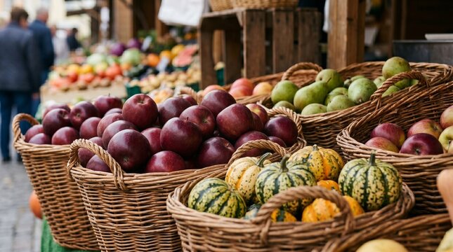 Wicker baskets with fresh autumn apples, Green pears and decorative gourds close up, European harvest market stall produce, Texture of organic fruits with selective focus, Clean and professional.