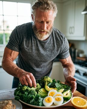 A fit man in his fifties arranging a healthy meal plate with kale, spinach, broccoli, avocado, and eggs in a bright kitchen. Confident mood, natural morning light, half-body composition.