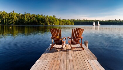 Naklejka premium classic muskoka cottage country scene with wooden adirondack chairs on a timber dock overlooking a calm lake with a distant sailboat a striped towel and a pristine evergreen forest background
