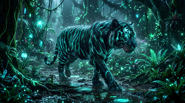 glowing tiger walking in enchanted jungle at night