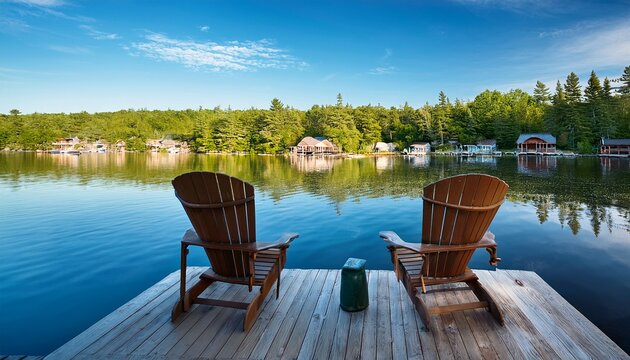 two adirondack chairs sit on a cottage dock facing a calm muskoka lake with cabins in view on a sunny summer morning a coffee tin on one arm reads life is better at the cottage