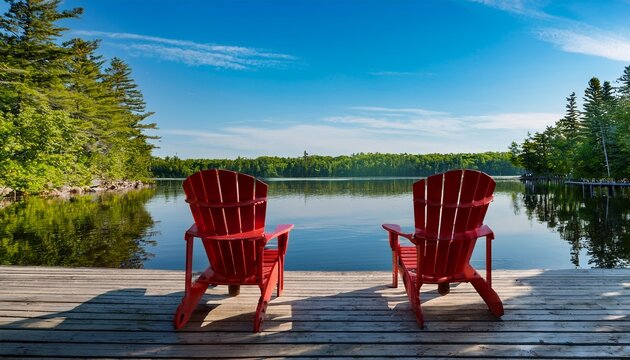 two red adirondack chairs on wooden dock overlooking calm lake with lush green trees in warm summer sunlight serene cottage country retreat in muskoka ontario canada with peaceful water reflections