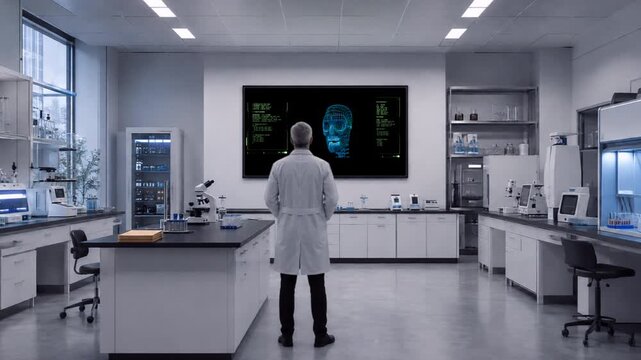Doctor looking at brain scan on wall monitor