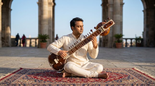 South Asian sitar player at cultural square, Indian folk musician in cream linen kurta, Open air traditional street performance on rug, Deep concentration artistic musical portrait