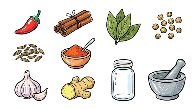 A vibrant collection of various cooking spices, herbs, and kitchen tools including chili, cinnamon, garlic, ginger, and a mortar and pestle.