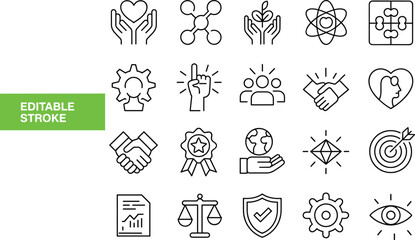 Fototapeta premium Business, teamwork, sustainability, and innovation line icons set with care, growth, science,
