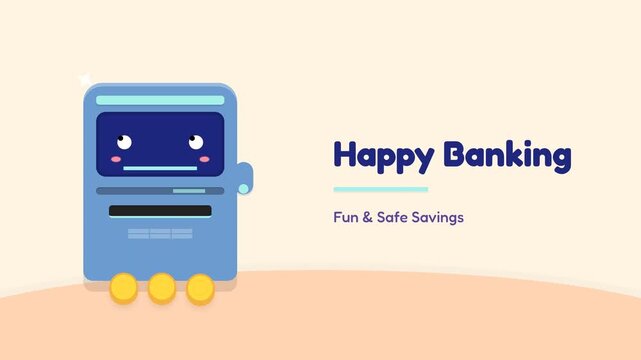 Animated Cartoon ATM Character Promoting Happy Banking and Safe Savings.