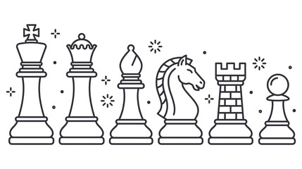 Chess game pieces set including king queen bishop knight rook and pawn in outline style. © jubayer71