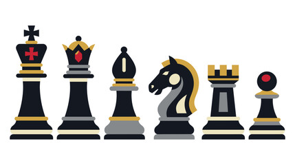 Chess pieces icons set featuring king queen bishop knight rook and pawn in flat design style. © jubayer71