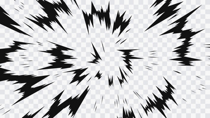 Black and white manga explosion effect with jagged radial burst lines and sharp lightning-like shapes. Dynamic anime-style impact background designed to emphasize power, action, and dramatic motion.